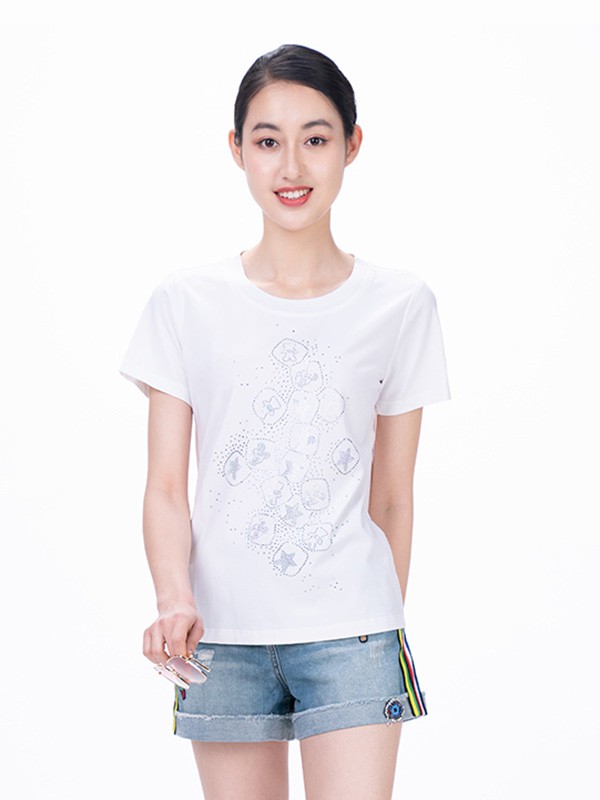 声雨竹2020夏季白色图案T恤