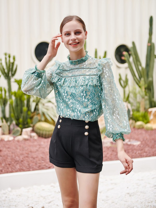 雁腾逸2020秋冬季绿色木耳边上衣