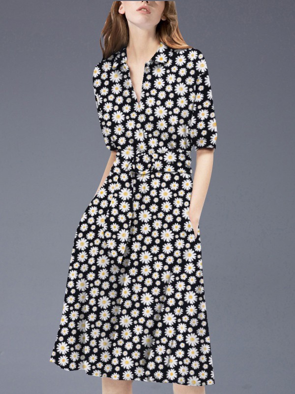 帝柔2020春夏季黑色碎花连衣裙