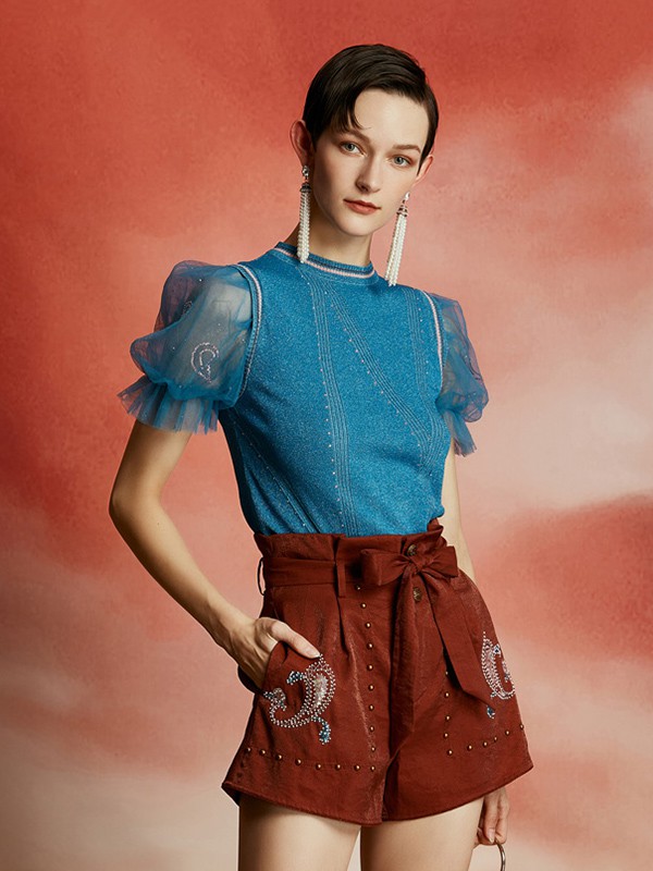 OceanFlame女装2020夏季蓝色纱网上衣