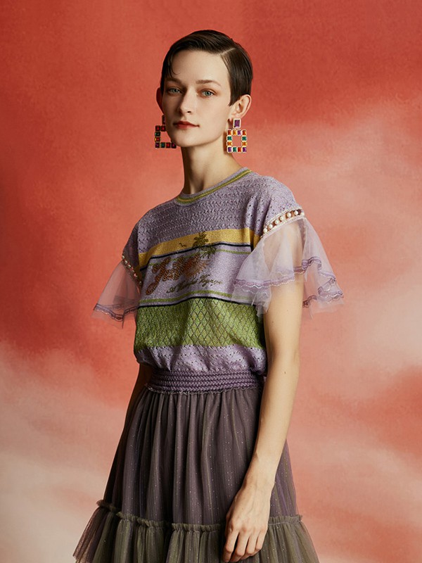 OceanFlame女装2020夏季紫色纱网polo衫