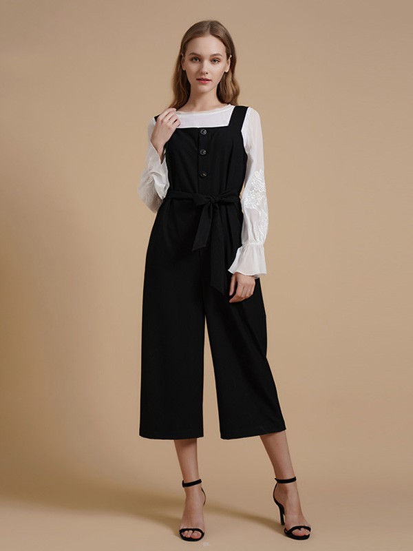 伊树女装2020夏季黑色纯色背带裤