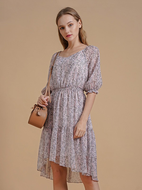 伊树女装2020夏季紫色碎花连衣裙