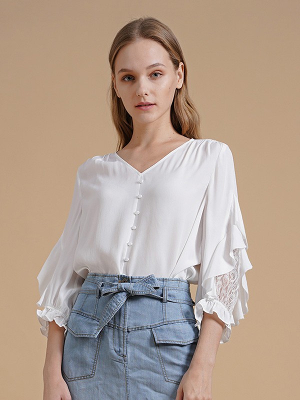 伊树女装2020夏季白色荷叶边上衣