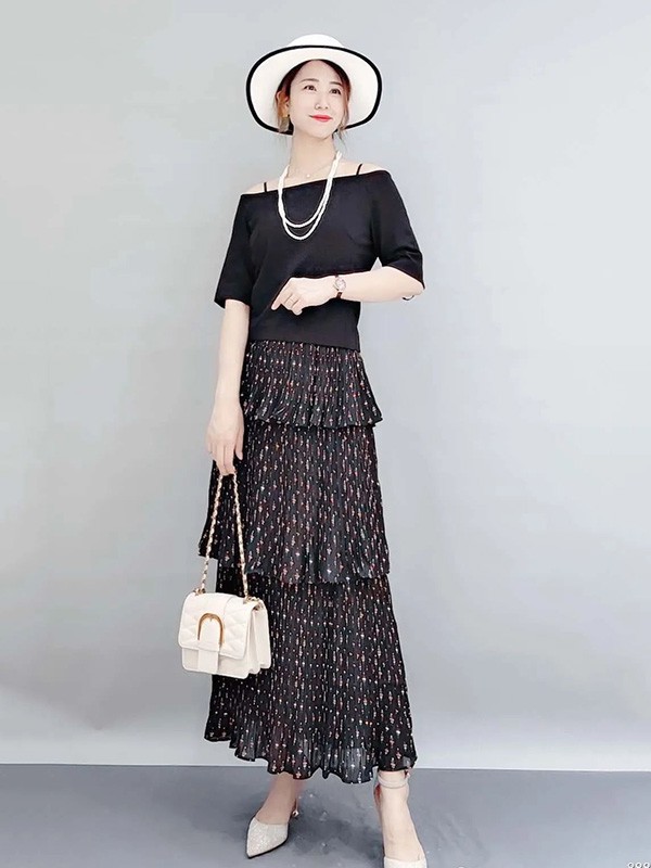 石库门2020夏季黑色波点半身裙