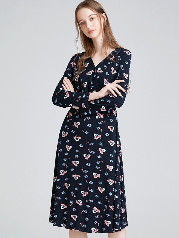 奢睿2020春夏季黑色印花连衣裙