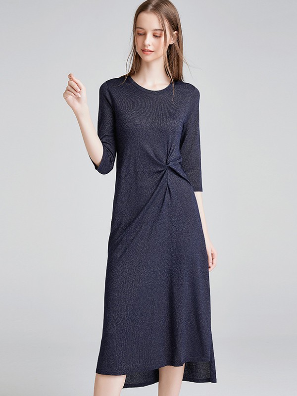 奢睿2020春夏季藏蓝色纯色连衣裙