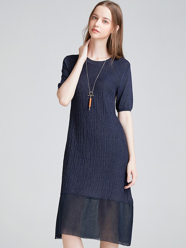 奢睿2020春夏季藏蓝色褶皱连衣裙