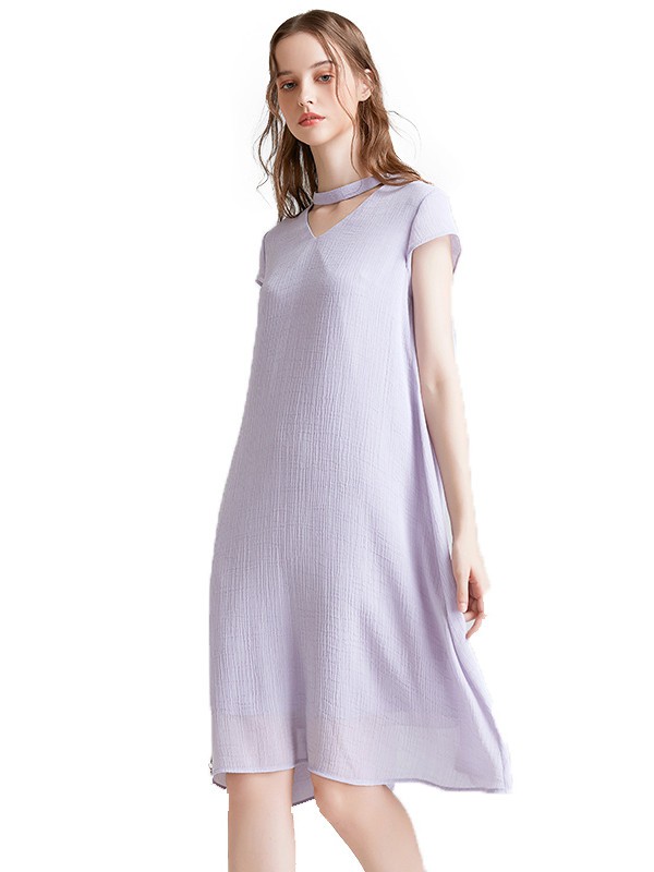 奢睿2020春夏季紫色褶皱连衣裙