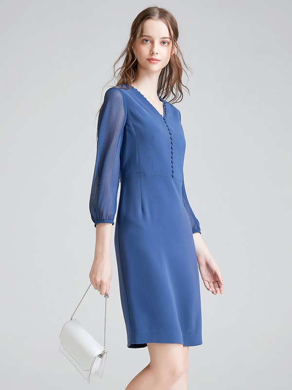 奢睿2020春夏季蓝色纯色连衣裙
