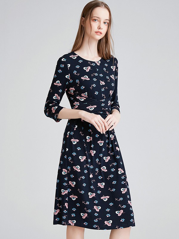 奢睿2020春夏季黑色碎花连衣裙