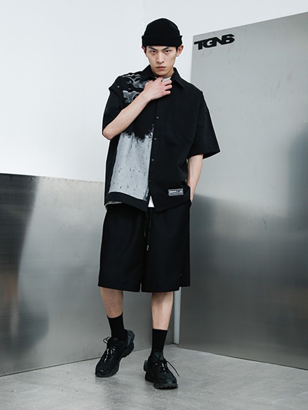 TGNS休闲装2020夏季黑色印花衬衫