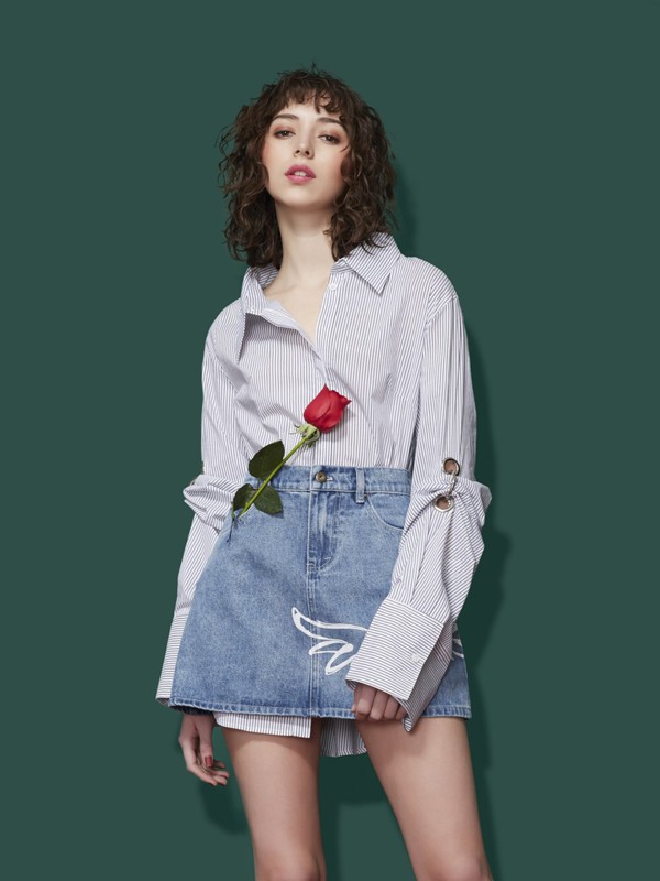 领姿2020春夏季蓝色条纹衬衫