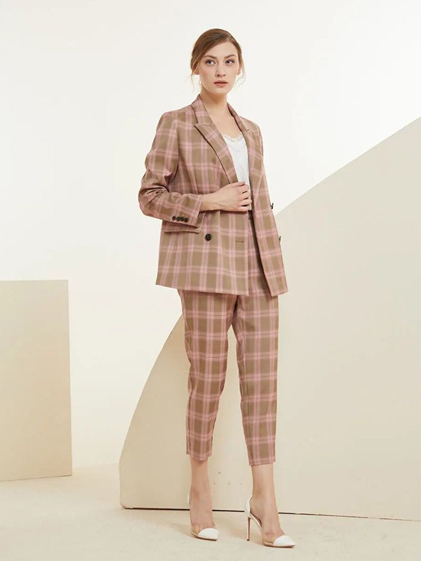 美言2020春季卡其色格子套装