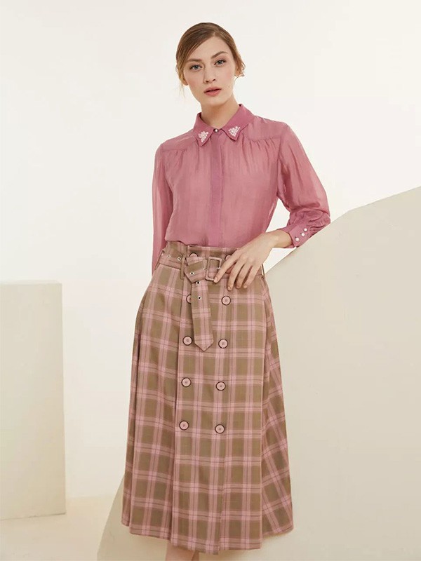 美言2020春季粉色格子半身裙