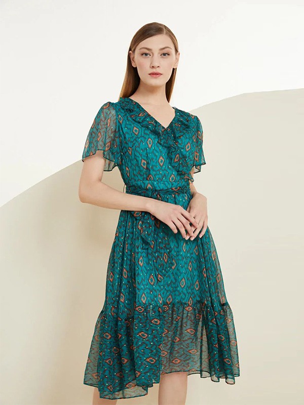 美言2020夏季绿色收腰连衣裙