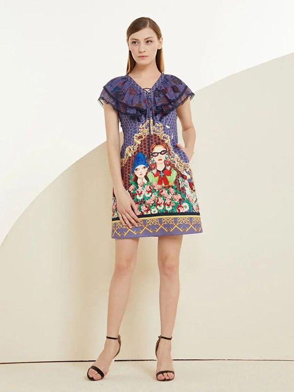 美言2020夏季紫色荷叶边连衣裙