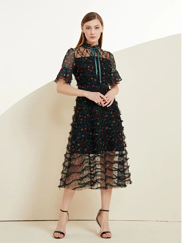 美言2020夏季黑色纱网连衣裙