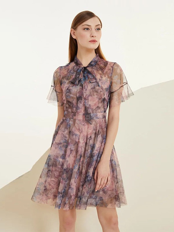 美言2020夏季紫色印花连衣裙