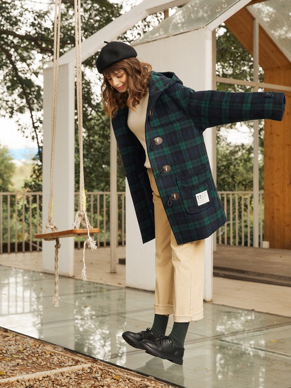 雀啡2020秋冬季墨绿色格子大衣