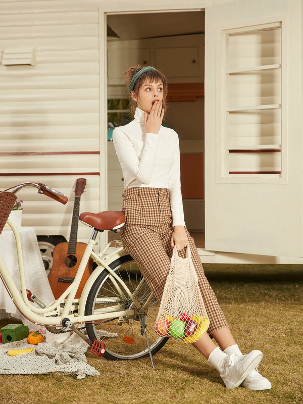 雀啡2020秋冬季卡其色格子长裤