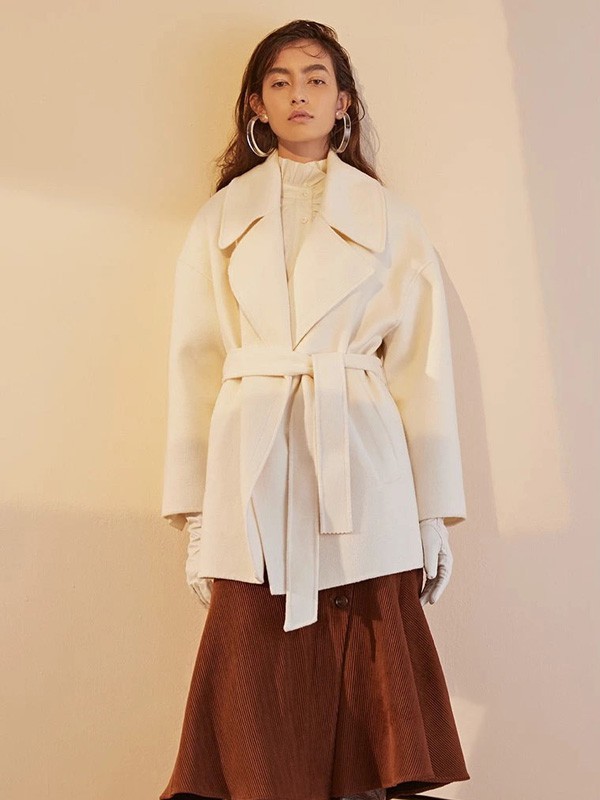 雀啡2020秋冬季白色纯色大衣