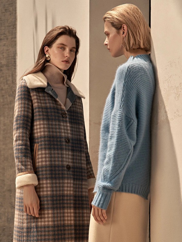 雀啡2020秋冬季蓝色格子大衣