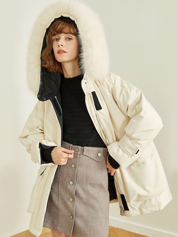 雀啡2020秋冬季白色带毛领棉服