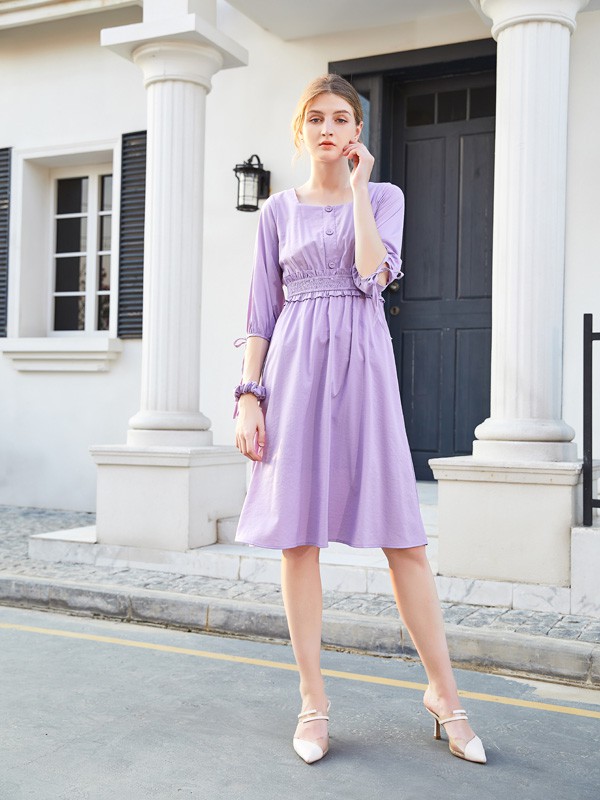 金蝶茜妮2020秋季紫色收腰连衣裙
