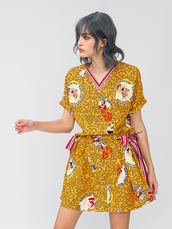 bernis2020春夏季黄色碎花连衣裙