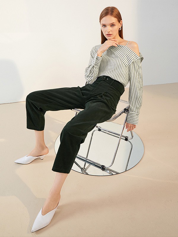 艾诺丝雅诗2020秋季绿色条纹衬衫