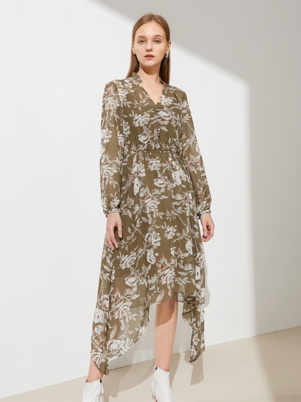 艾诺丝雅诗2020秋季绿色不对称连衣裙