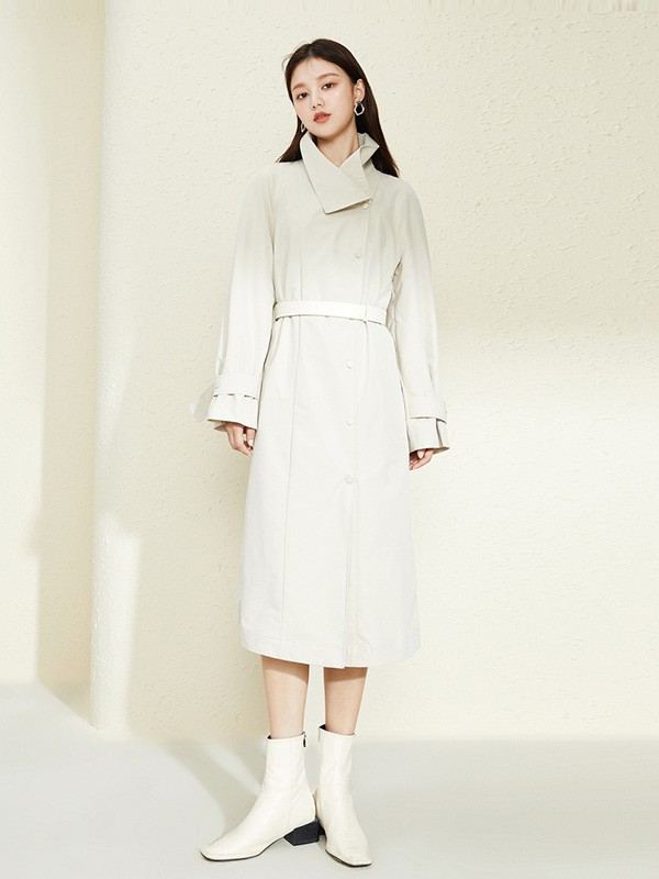文墨2020秋季米色收腰风衣