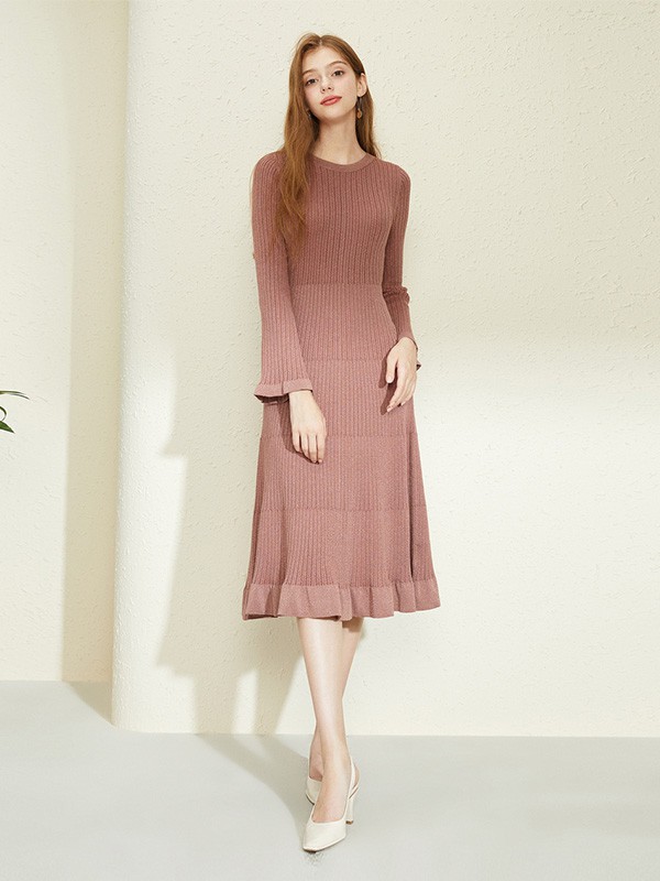 文墨2020秋季马卡龙色荷叶边连衣裙