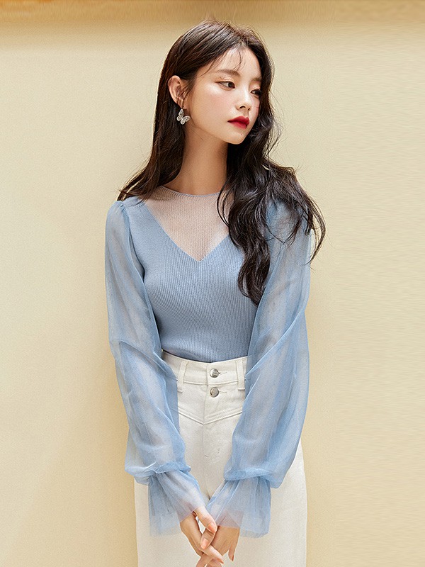 文墨2020秋季浅蓝色拼接上衣