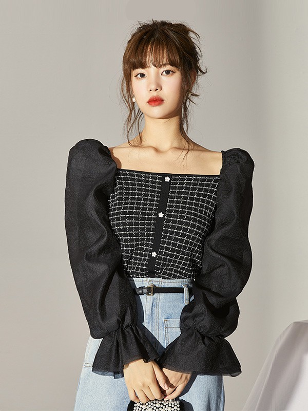 文墨2020秋季黑色泡泡袖上衣