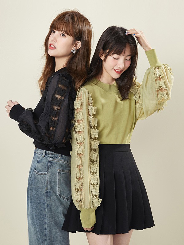 文墨2020秋季绿色镂空上衣
