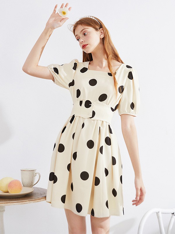 文墨2020秋季米色波点连衣裙