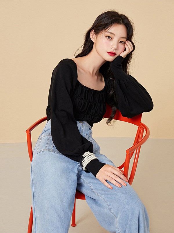 ONEMORE女装2020秋季黑色纯色上衣