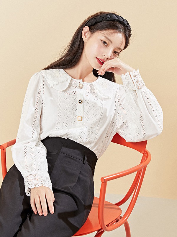 ONEMORE女装2020秋季白色翻领衬衫
