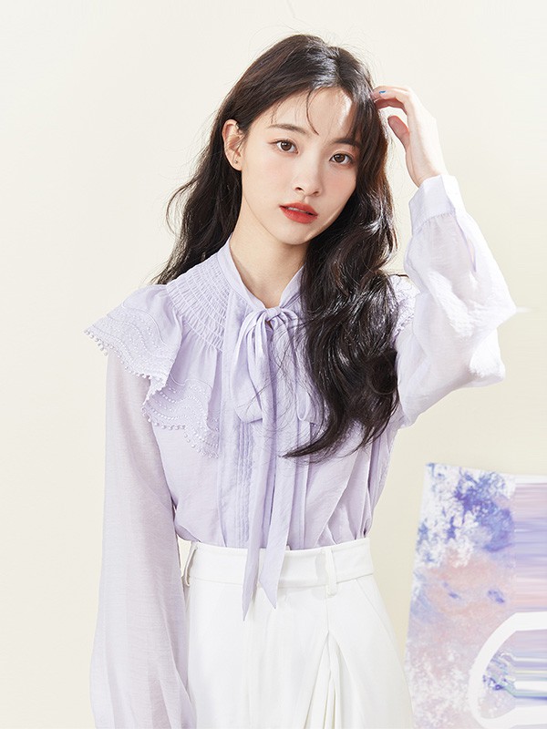 文墨2020秋季紫色系带上衣