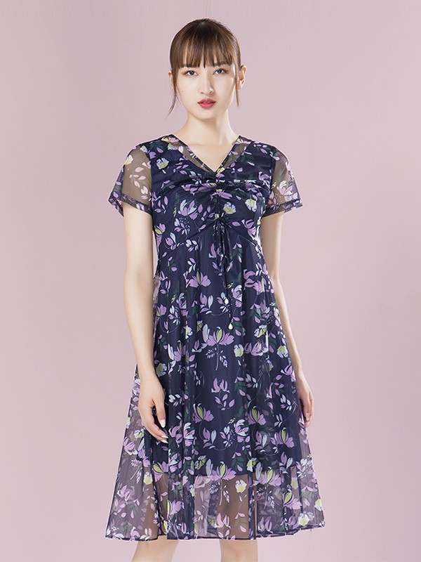 莱茨2020夏季蓝色纱网连衣裙