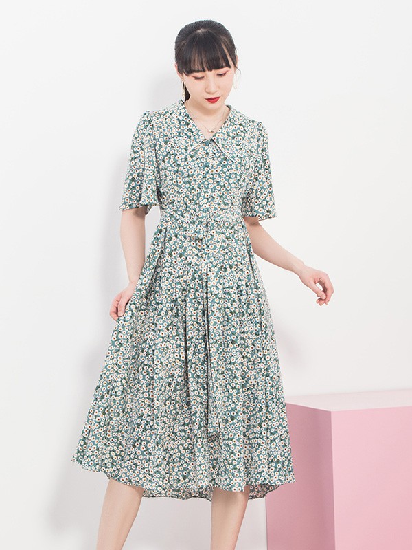 莱茨女装2020夏季绿色碎花连衣裙