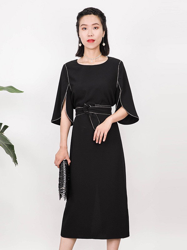 莱茨女装2020夏季黑色收腰连衣裙