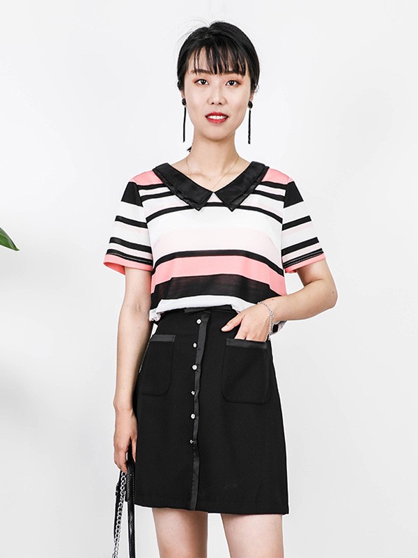 莱茨女装2020夏季拼色条纹T恤