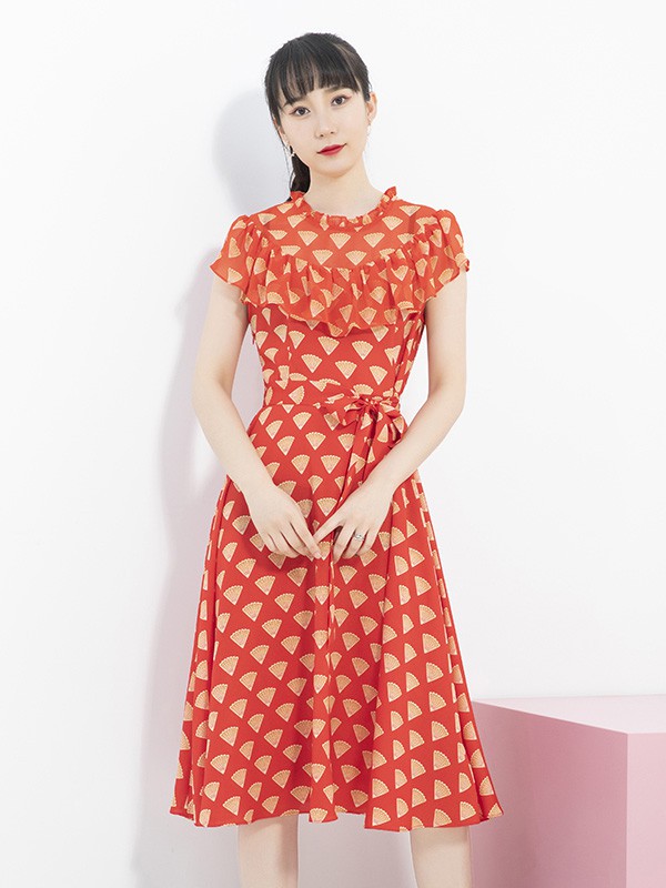 莱茨女装2020夏季橙色荷叶边连衣裙