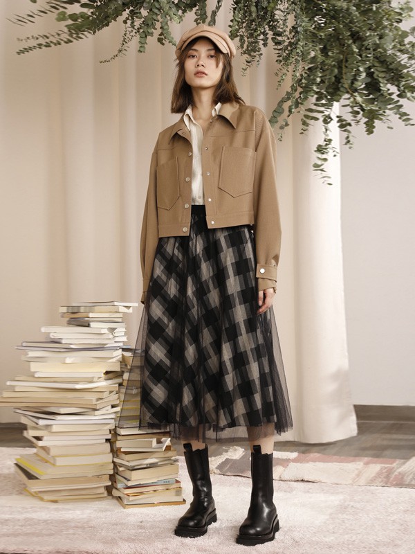 芮玛2020秋季黑色格子半身裙