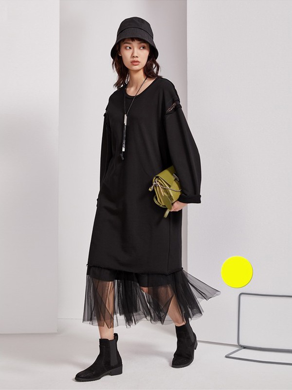 芮玛2020秋季黑色长款连衣裙