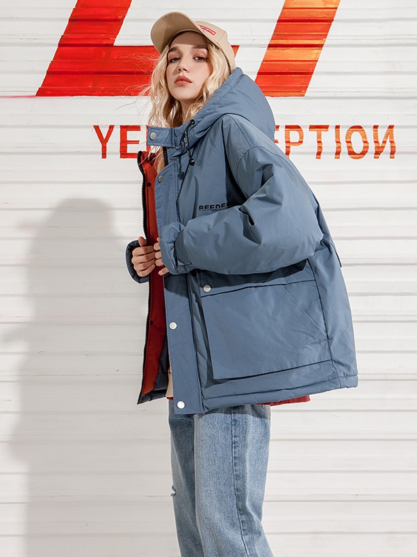 YEP女装2020秋冬季藏蓝色纯色棉服