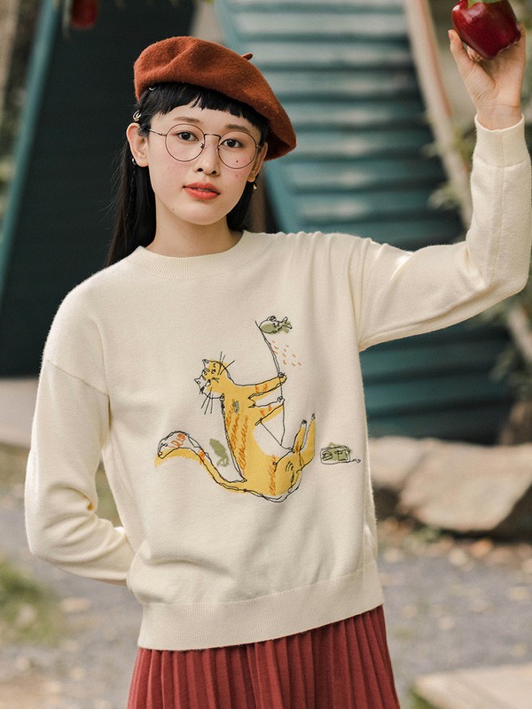 茵曼2020秋季米色图案毛衣